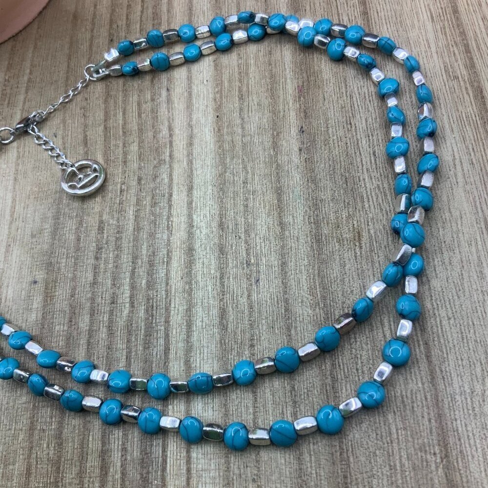 Trifari Crown Double Strand Faux Turquoise Silver Tone Necklace